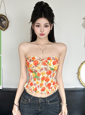 WEEKEEP 度假风辣妹郁金香印花蝴蝶结胸型亮片抹胸束腰花边上衣