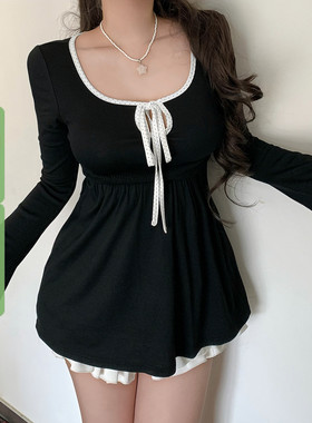 WEEKEEP 法式少女圆领波点系带镂空长袖T恤百搭高腰A摆显瘦上衣