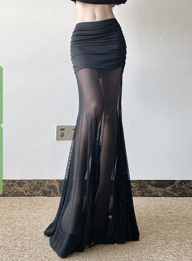 WEEKEEP 黑色百搭性感辣妹网纱拼接低腰半身裙修身褶皱包臀长裙