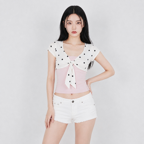 WEEKEEP 甜美少女感波点V领绑带短袖罩衫+纯色修身抹胸上衣两件套