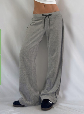 WEEKEEP 休闲基础撞色条纹松紧系带针织裤女百搭直筒宽松显瘦长裤