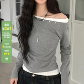 T恤百搭基础修身 WEEKEEP 韩系少女撞色拼接假两件斜领长袖 上衣