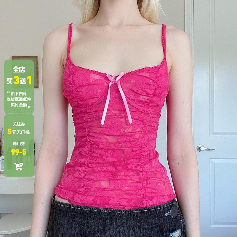 WEEKEEP 玫红色甜辣风性感蕾丝胸型吊带小背心女显瘦修身百搭胸衣