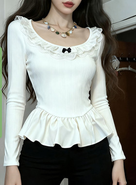 WEEKEEP 纯欲少女蕾丝拼接圆领蝴蝶结荷叶摆上衣修身收腰长袖T恤