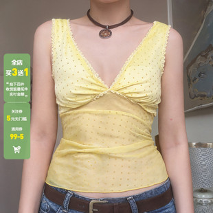 纯欲辣妹黄色V领波点网纱蕾丝拼接背心百搭修身 WEEKEEP 显瘦上衣