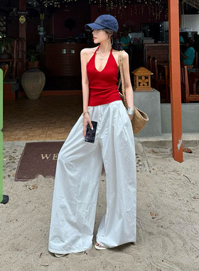WEEKEEP 红色性感辣妹挂脖露背背心百搭休闲白色宽松阔腿休闲长裤