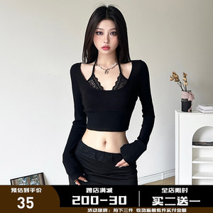 WEEKEEP 纯欲风蕾丝拼接挂脖假两件长袖T恤女秋冬修身百搭短上衣