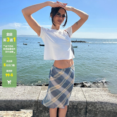 WEEKEEP 百搭休闲复古格纹撞色低腰半身裙直筒修身显瘦网纱中裙