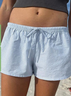 WEEKEEP 休闲百搭低腰系带条纹短裤女简约日常居家直筒宽松休闲裤