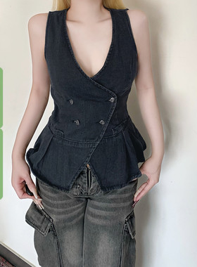 WEEKEEP 街头辣妹灰色V领排扣牛仔背心复古做旧修身收腰叠穿马甲