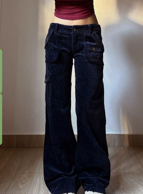 WEEKEEP 街头工装风深蓝色口袋灯芯绒休闲裤女百搭低腰直筒长裤