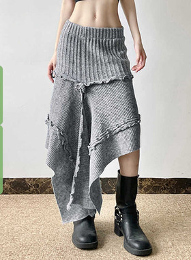 WEEKEEP 文艺复古灰色针织半身裙女秋冬不规则设计感玫瑰飘带裙子