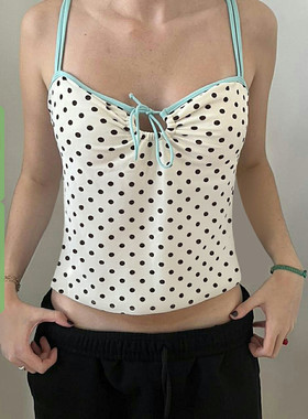 WEEKEEP 少女风撞色波点镂空系带吊带背心辣妹性感胸型露背上衣