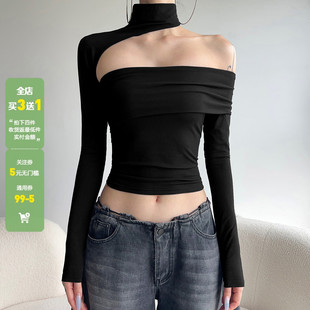 跳舞上衣潮 T恤两穿性感修身 WEEKEEP 辣妹黑色设计感高领露肩长袖