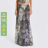 WEEKEEP 复古vintage古着感辣妹植物印花国风半身裙设计感长裙潮