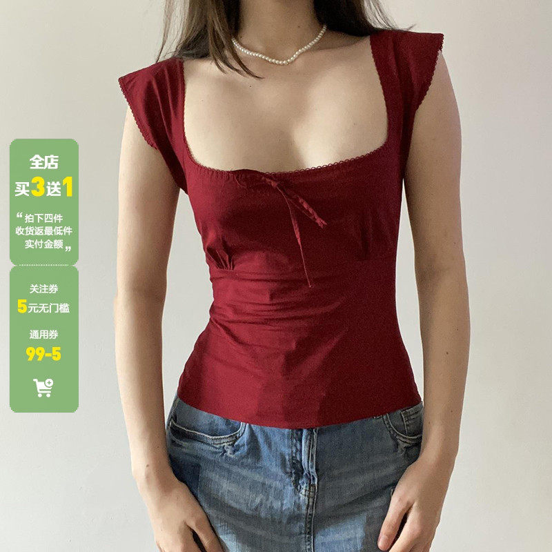 WEEKEEP 法式气质复古红色方领系带短袖T恤女百搭修身显瘦上衣