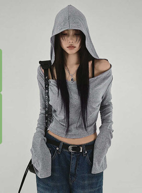 WEEKEEP 废土风灰色露肩连帽t恤女短款显瘦百搭甜酷风长袖上衣潮