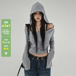 上衣潮 显瘦百搭甜酷风长袖 WEEKEEP 废土风灰色露肩连帽t恤女短款