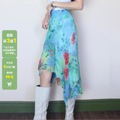 WEEKEEP 蓝色度假风不规则印花半身裙花卉百搭气质显瘦修身 中长裙