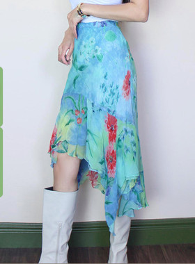 WEEKEEP 蓝色度假风不规则印花半身裙花卉百搭气质显瘦修身中长裙