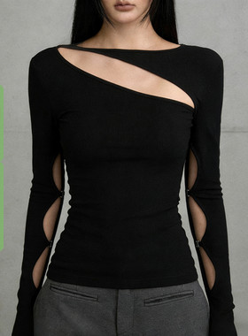 WEEKEEP 辣妹性感解构式镂空修身长袖T恤百搭黑色显瘦跳舞上衣潮