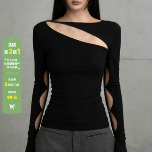 WEEKEEP 辣妹性感解构式镂空修身长袖T恤百搭黑色显瘦跳舞上衣潮