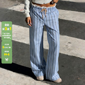 女百搭直筒宽松长裤 WEEKEEP 简约基础蕾丝拼接系带条纹低腰休闲裤