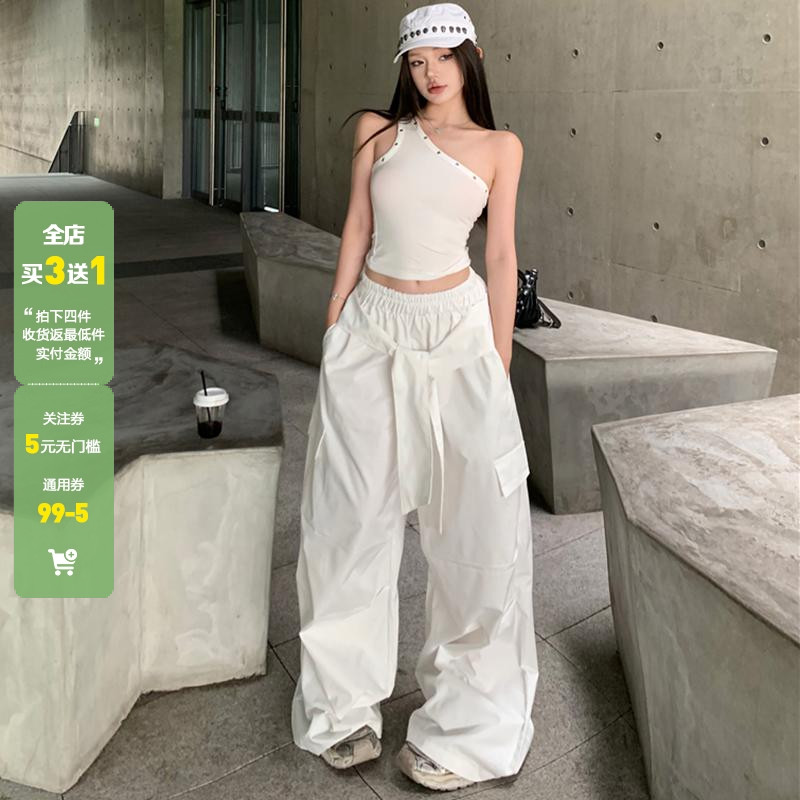 WEEKEEP 街头休闲运动绑带松紧腰工装休闲裤女宽松阔腿跳舞长裤潮