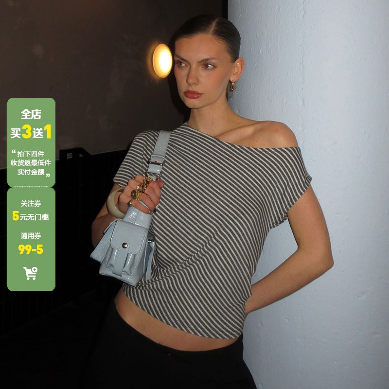 WEEKEEP 街头休闲条纹斜肩不对称短袖T恤女百搭基础收腰显瘦上衣