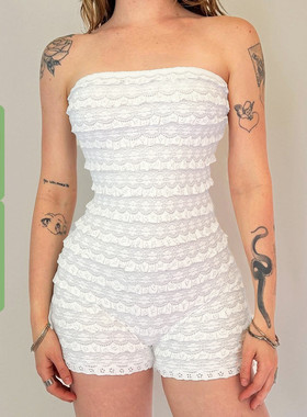 WEEKEEP 欧美辣妹性感白色蕾丝紧身收腰抹胸连衣裤内搭包臀短裤