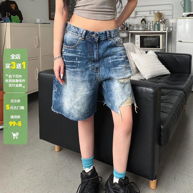 WEEKEEP 街头小众个性酷帅破洞低腰牛仔裤女宽松阔腿显瘦五分短裤