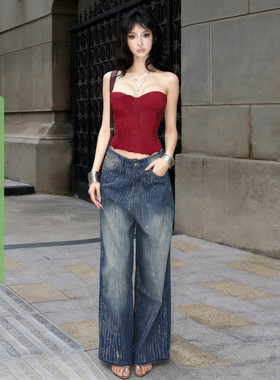 WEEKEEP 千禧辣妹烫钻设计低腰阔腿牛仔裤女街头百搭宽松显瘦长裤