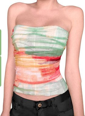 WEEKEEP 夏日度假风小众网纱渐变彩虹色抹胸性感修身收腰露背上衣