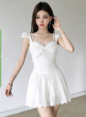WEEKEEP 纯欲风假两件蕾丝拼接系带泡泡袖连衣裙白色收腰A摆短裙