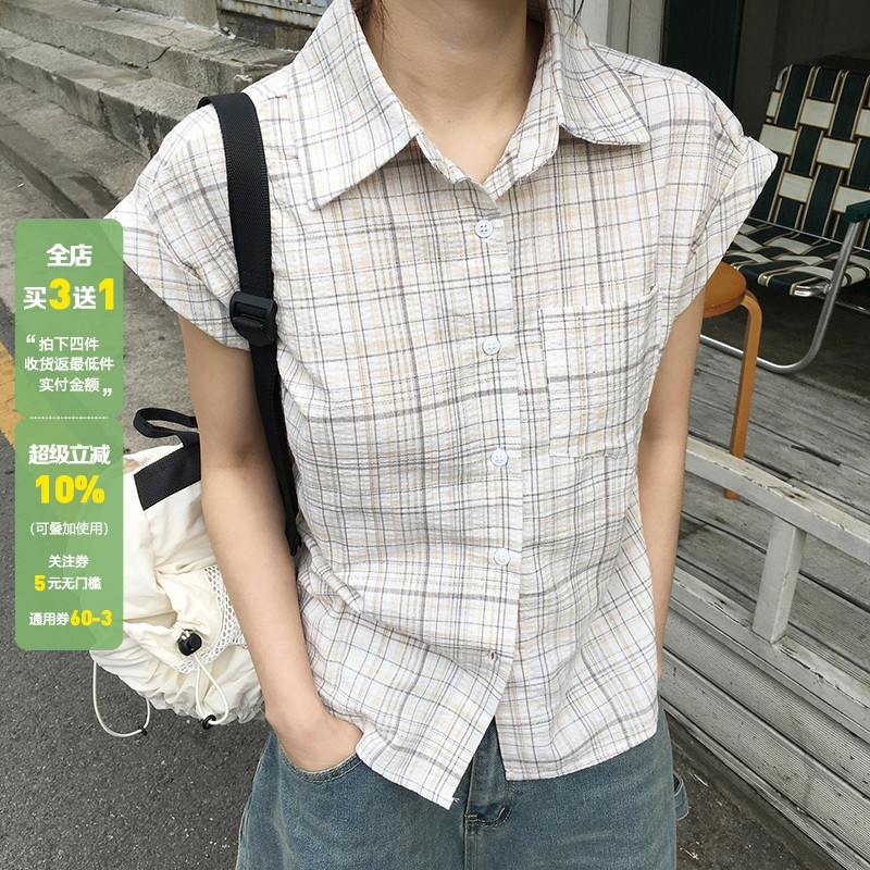 WEEKEEP 学院风百搭格纹排扣翻领短袖衬衫女休闲基础宽松口袋上衣