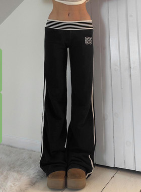 WEEKEEP 美式街头条纹腰头数字印花休闲裤女低腰直筒修身针织长裤