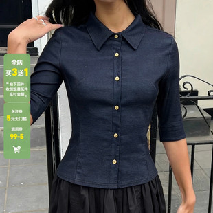 WEEKEEP 美式复古深蓝色翻领单排扣仿牛仔衬衫女百搭修身中袖上衣