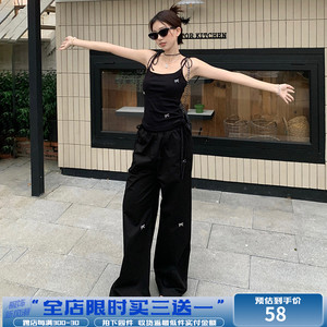 WEEKEEP【韩系甜妹】纯欲蝴蝶结刺绣黑色吊带背心+休闲长裤 套装