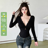 WEEKEEP 辣妹蕾丝拼接V领镂空露背长袖 连体衣性感紧身内搭上衣