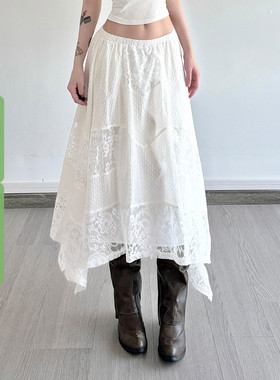 WEEKEEP 小众白色蕾丝拼接不规则叠穿半身裙低腰宽松飘逸A摆长裙