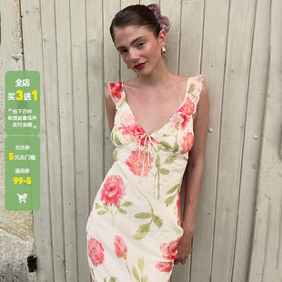 WEEKEEP 度假风荷叶边V领系带玫瑰印花吊带连衣裙收腰露背长裙