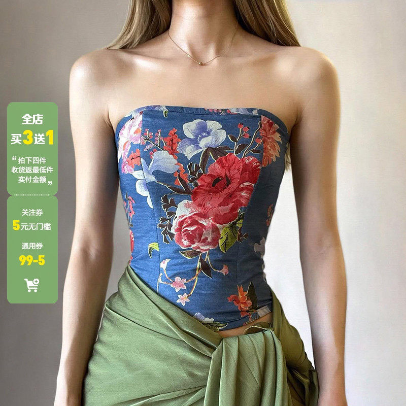 WEEKEEP 中式复古小众撞色花卉印花抹胸女紧身修身收腰拉链上衣