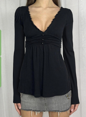 WEEKEEP 少女风黑色V领木耳边绑带收腰A摆长袖T恤宽松显瘦上衣