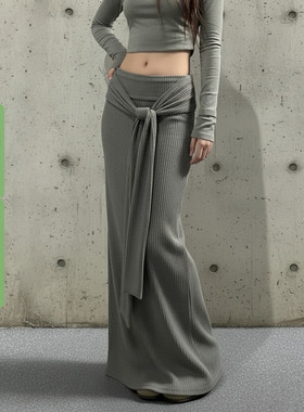 WEEKEEP 小众气质低腰绑带坑条针织长裙灰色百搭修身垂感半身裙秋