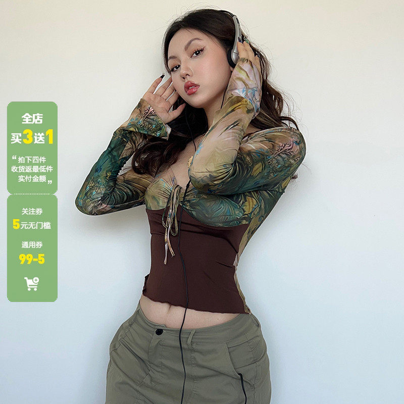 印花网纱褶皱胸型长袖T恤上衣