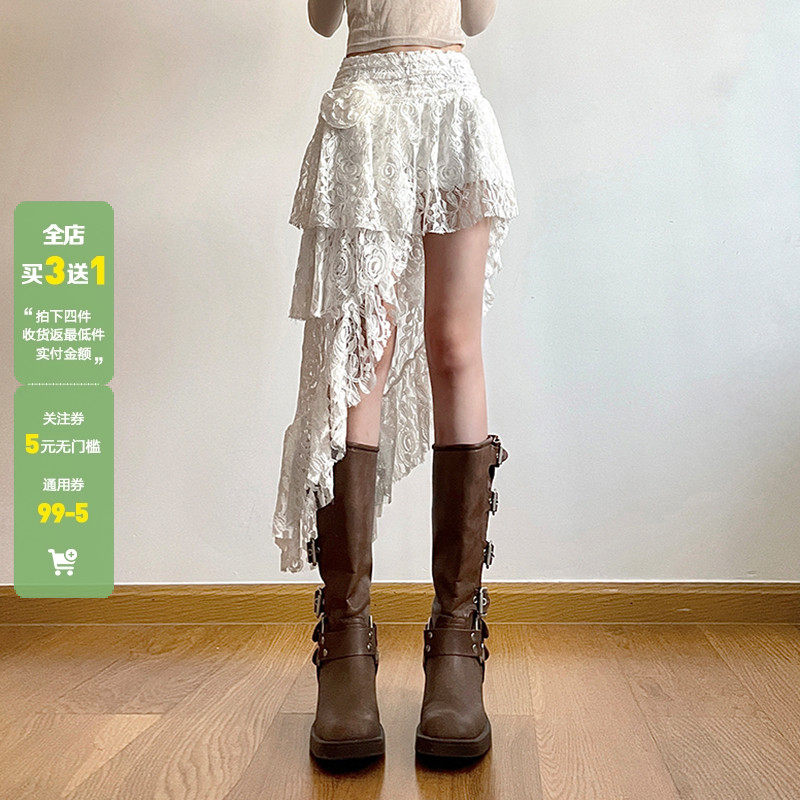 WEEKEEP 纯欲风白色蕾丝立体玫瑰半身裙小众百搭不规则下摆中长裙