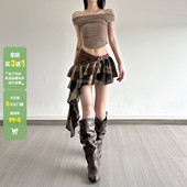 WEEKEEP 废土风小众格纹拼接腰带设计低腰半身裙宽松显瘦不规则裙