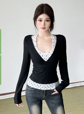 WEEKEEP 辣妹波点低胸挂脖吊带背心+简约黑色V领叠穿长袖T恤套装