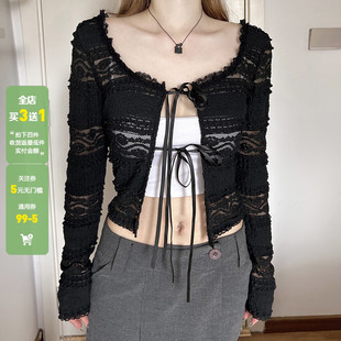 显瘦短上衣 WEEKEEP 黑色蕾丝微透系带圆领防晒长袖 开衫 女百搭修身