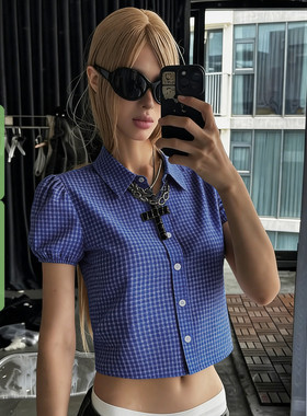 WEEKEEP 美式街头蓝色格纹翻领排扣泡泡袖衬衫女百搭修身短款上衣